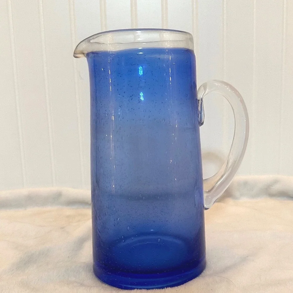 Vintage Seeded Glass Pitcher 10.5in Cobalt Blue Excellent Hand Blown Coastal Art